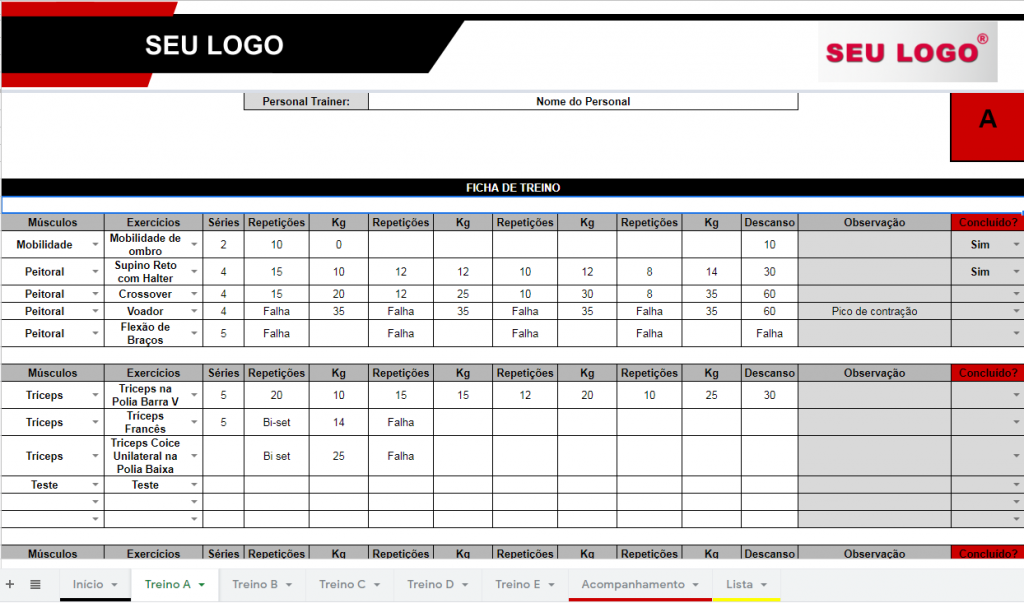 Planilha Ficha De Treino Para Personal Trainer E Academias