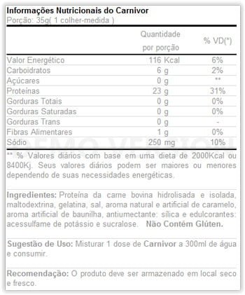 informações nutricionais do suplemento carnivor informações nutricionais do suplemento carnivor