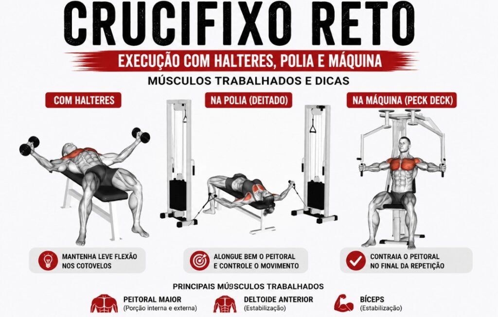 Crucifixo reto com halteres polia e maquina